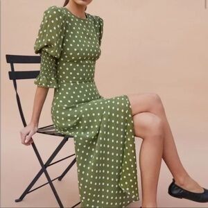 Reformation Carolena Polka Dot Midi Dress in Edamame Green size 12